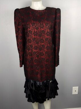 CAMI Vintage Lace Dress‎ Women’s Medium? Red Black 80s 90’s Asym Ruffle *READ